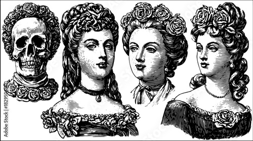 Vector illustration of skull and elegant female silhouettes with floral details. This vintage set features intricate designs.