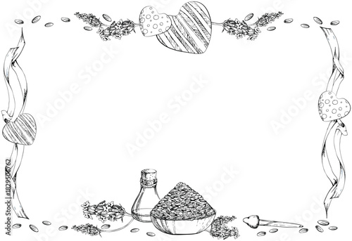 Lavender seeds bowl, essential oil glass vial, hearts embellishment, pipette dropper, streaming serpentine ribbons. Isolated illustration hand drawn in vector ink. Wedding menu or rustic cafe display