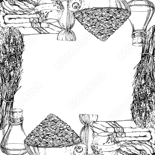 Lavender oil seeds bundle and botanical beauty items: natural soap, spa bath towels, aroma sachet bags. Isolated frame illustration hand drawn in vector ink. Botanical wrapping, rustic floral gift