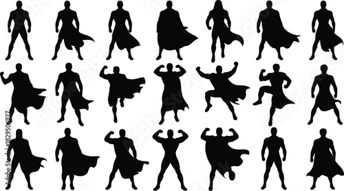 Variety of superhero figures shown as black silhouettes with capes in different action positions