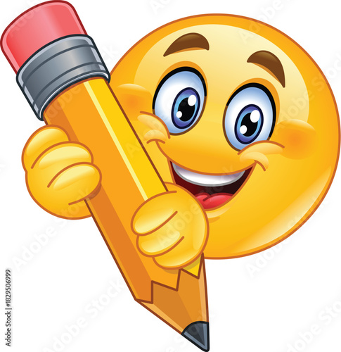 Happy Emoji Emoticon Holding a Big Yellow Pencil with Both Hands