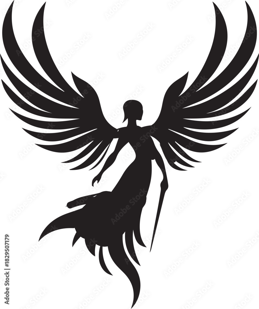 Obraz premium A black silhouette of an angel warrior with large wings, wielding a weapon and wearing a flowing gown.