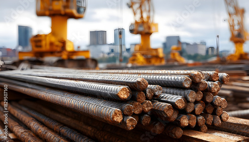 Wallpaper Mural A bundle of steel rebar rods stacked on a construction site with a crane in the background. Torontodigital.ca