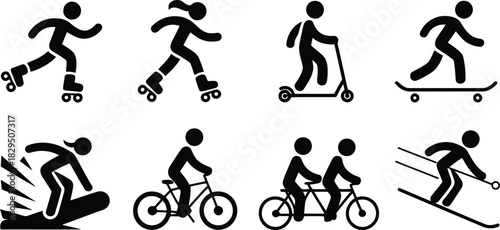 Various black silhouette icons illustrating people engaging in active outdoor sports and recreational pursuits