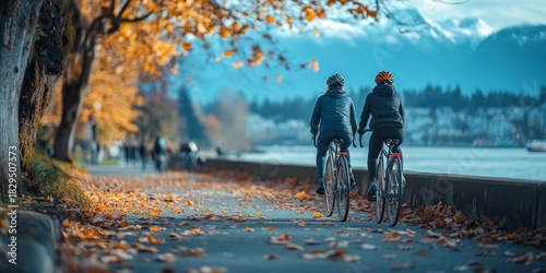 Two cyclists riding on a scenic path in autumn with stanley park seawall and north shore mountains in background