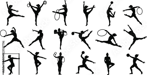 Rhythmic Gymnastics Female Athlete Silhouette Set, Black Vector Collection of Women Performing Acrobatics with Ball and Hoop for Sport and Fitness Design