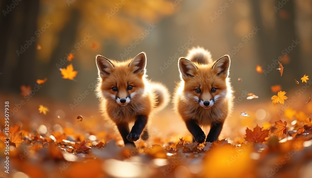 Naklejka premium Two cute fox kits run through vibrant autumn leaves. Sunlight illuminates their fur as they play in a forest clearing during leaf fall. Their joyful movement captures the of fall.