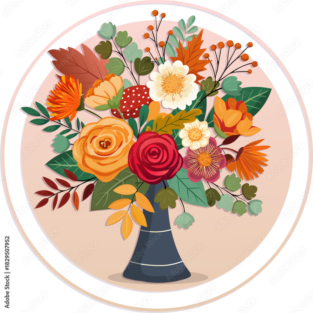 Obraz premium Vector print. A bouquet of beautiful hand-drawn flowers. Greeting card decorated with various flowers. Sticker with an image of the bouquet.