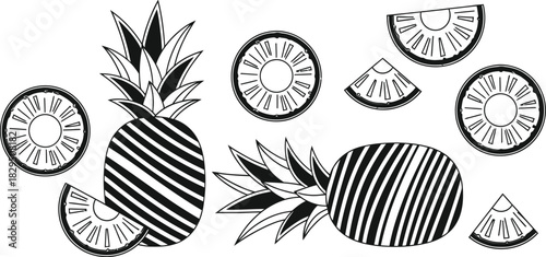 Pineapple fruit and slices black and white flat vector