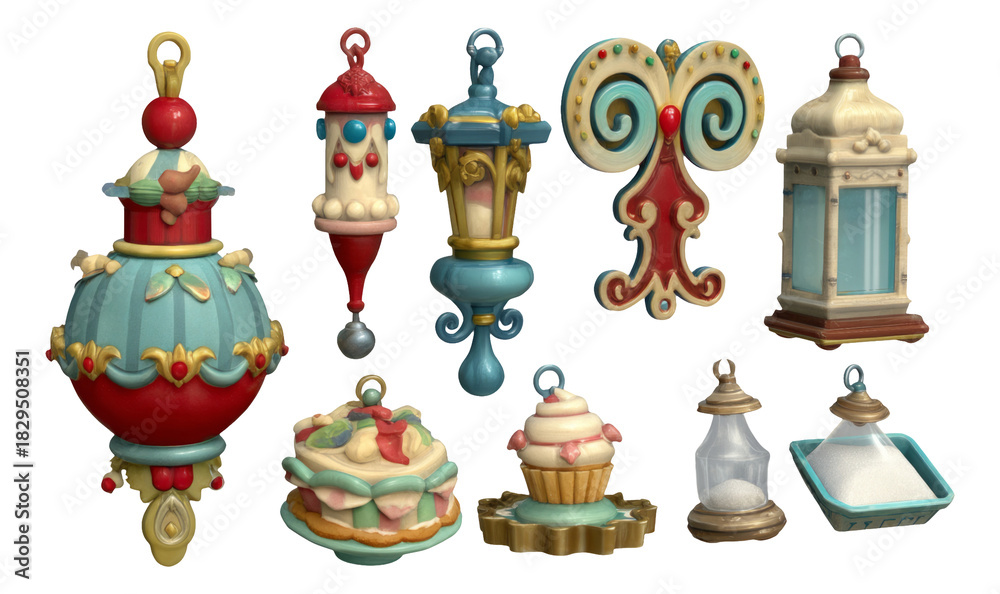 Fototapeta premium Whimsical 3D Artisan Dessert Tools and Toys in Colorful Stylized Designs