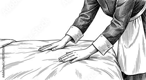 Hands Smoothing White Bed Sheets. Housekeeping, Hotel Service and Comfort Concept. Vintage Woodcut Engraving and Vector Illustration.
