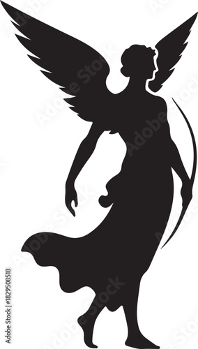 Silhouette of an angel warrior, standing with wings spread and holding a bow, embodying strength and mythological elegance.