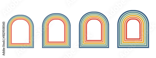  Groovy 70s arched frames with rainbow stripes and psychedelic borders. Retro funky doorway design perfect for vintage posters and nostalgic backgrounds.