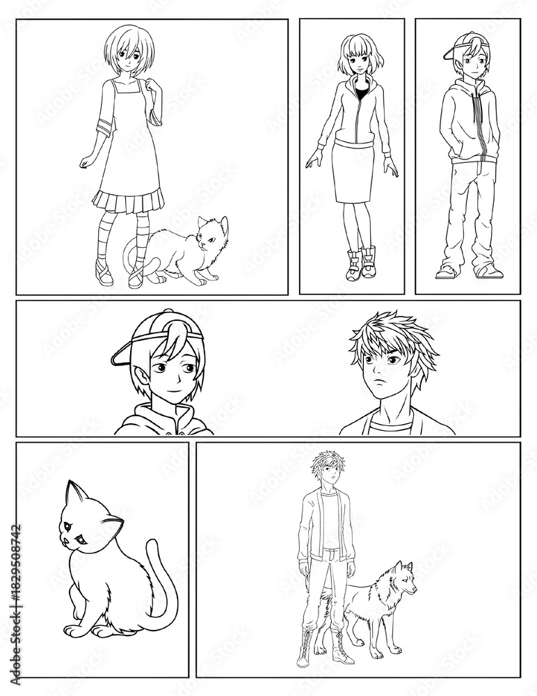 Fototapeta premium Black and White Cartoon Line Art of Kids and Pets