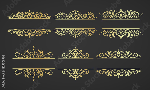 Set of Vintage decorative Golden lines. Text dividers. Line border. Lines separators, Borders, Set of various doodle style line dividers and arrow icons for design