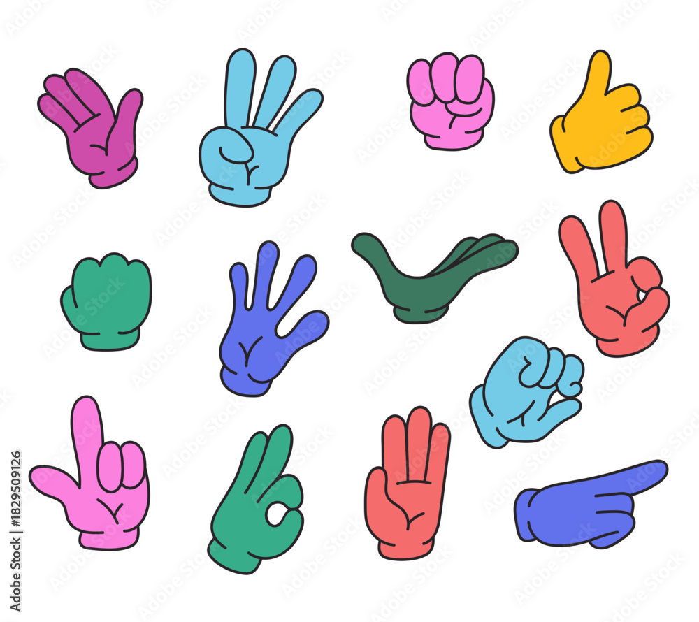 Fototapeta premium Colorful cartoon retro style character arms hands with different gestures. Flat graphic design cartoon illustration