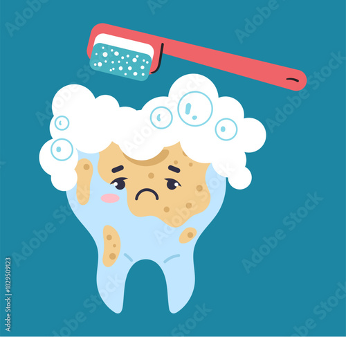 Cleaning tooth with toothbrush and toothpaste dental health. Vector flat graphic design element concept illustration