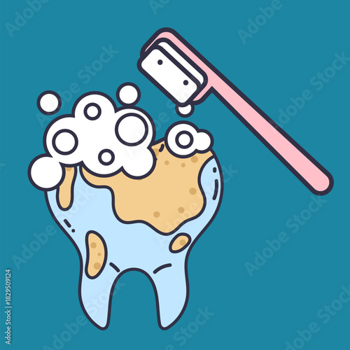 Cleaning tooth with toothbrush and toothpaste dental health. Vector flat graphic design element concept illustration
