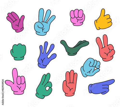 Colorful cartoon retro style character arms hands with different gestures. Flat graphic design cartoon illustration