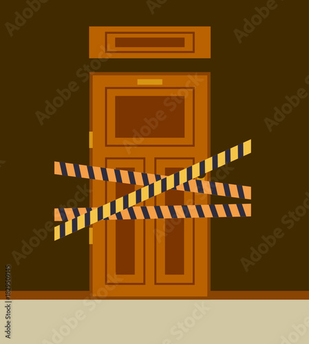 Close business office door barrier cross yellow tape concept. Vector graphic design illustration