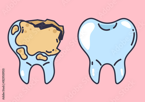Bad good tooth in mouth dental treatment clean concept. Vector flat graphic design illustration