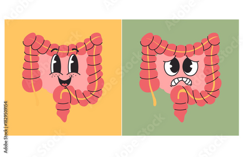 Intestines happy and sad character digest organ mascot isolated set. Vector graphic design illustration