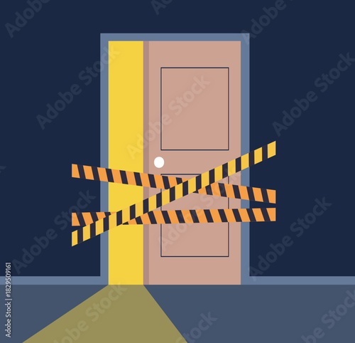 Close business office door barrier cross yellow tape concept. Vector graphic design illustration