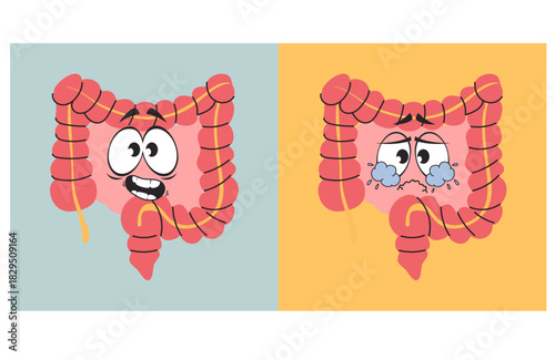 Intestines happy and sad character digest organ mascot isolated set. Vector graphic design illustration