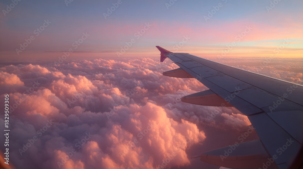 Obraz premium Airplane Wing Flying Above Clouds at Sunset Aerial View Travel and Aviation Concept