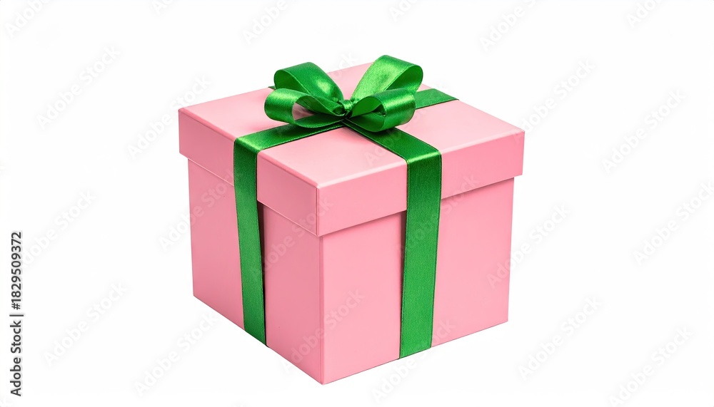 Fototapeta premium Pink gift box with green ribbon and bow isolated on white background.