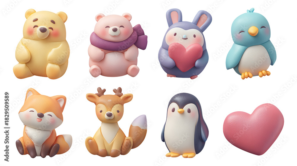 Naklejka premium Colorful 3D Plush Animals and Heart-Shaped Icons on Transparent Background