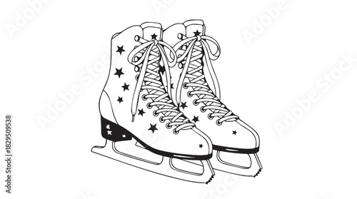 A pair of vintage ice skates with star patterns in a clean black and white silhouette style