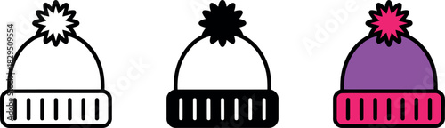 Three Winter Hats Line Art in Different Styles Fashion and Accessories Collection Isolated