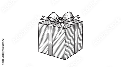 A hand drawn sketch of a rectangular gift box tied with a ribbon and a bow presented in a minimalist silhouette style