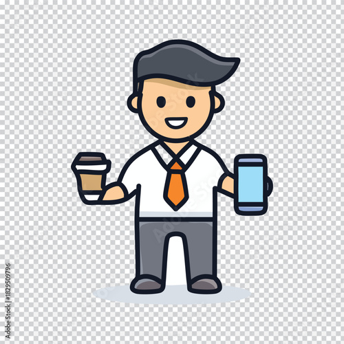 Cartoon businessman with coffee and smartphone ready for a productive and connected workday advertising banner