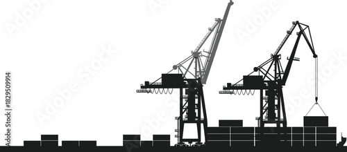 Seaport Container Ship and Quay Crane Silhouette, Black Vector Graphic of Industrial Port Operations for Global Trade, Shipping, and Maritime Logistics Design