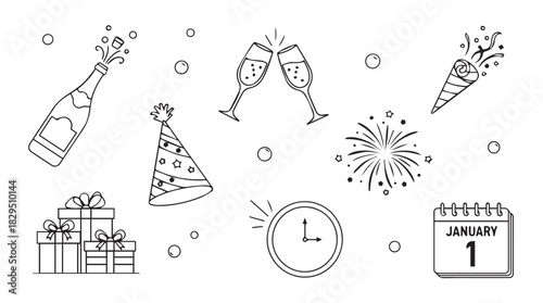 Collection of new year s eve celebration elements including champagne bottle party hats fireworks gifts clock and calendar in a charming silhouette style