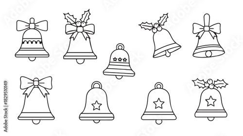 Collection of festive christmas bells with bows and holly decorations in a simple line art silhouette style for holiday design