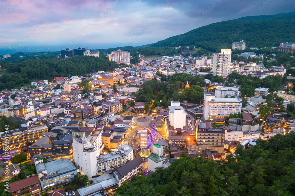 Naklejka premium Kusatsu Onsen, Gunma Prefecture, Japan at twilight. 1886