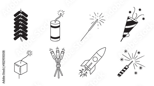 Collection of hand drawn fireworks and firecrackers in a simple silhouette style for celebrations and festivals