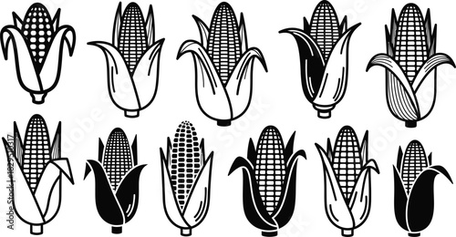 Black and white corn cob vector icons set