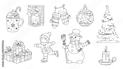 Collection of festive christmas decorations including snowmen presents and trees rendered in a charming silhouette style