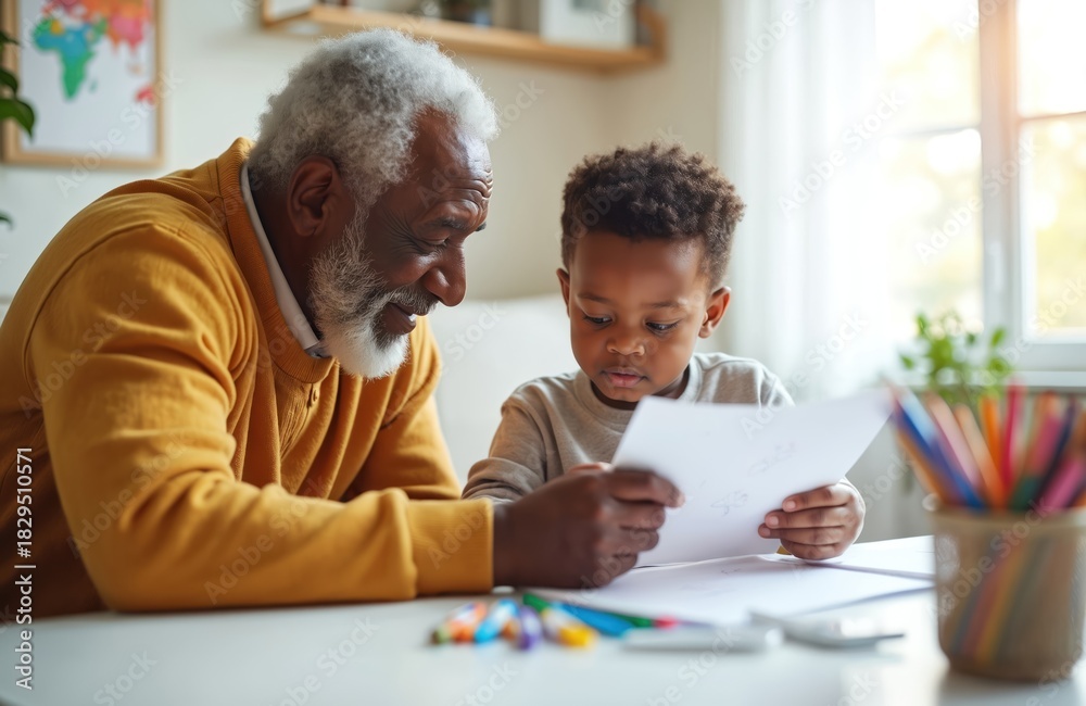 Naklejka premium African American boy shows drawings to grandpa at home. Man smiles looking at picture his grandson made. Two generations family time together at table. Happy childhood with grandparent indoors.