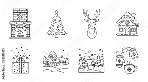 Collection of festive christmas icons and scenes rendered in a charming hand drawn silhouette style for holiday designs silhouette