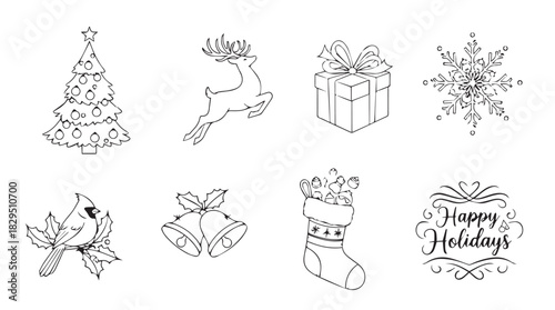 Collection of festive christmas holiday elements including a decorated tree reindeer gift box snowflake bells stocking and happy holidays text all in a delicate line art silhouette style