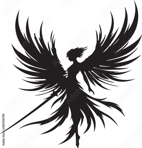 A striking black silhouette depicts an angel warrior, poised with wings spread and a sword in hand, embodying strength and protection.