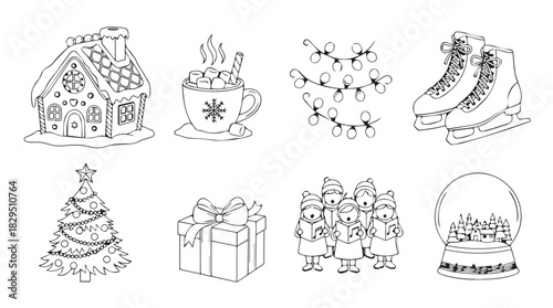 Collection of hand drawn christmas icons in a distinctive silhouette style including a gingerbread house hot chocolate lights ice skate tree gifts village and snow globe silhouette
