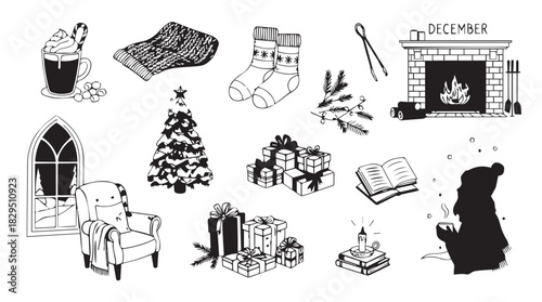 Cozy christmas scene silhouette with a fireplace armchair gifts and decorated tree for festive holiday celebration silhouette