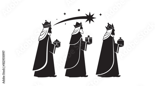 Three wise men silhouette following a shooting star on a dark background christmas nativity scene silhouette
