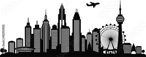 Shanghai China City Skyline Silhouette with Oriental Pearl Tower, Skyscrapers, and Ferris Wheel, Black Vector Graphic for Travel and Asian Metropolis Design